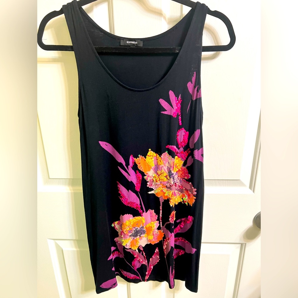 EXPRESS Black Sequin Accent Big Flowers Floral Summer Cover Dress Size— S